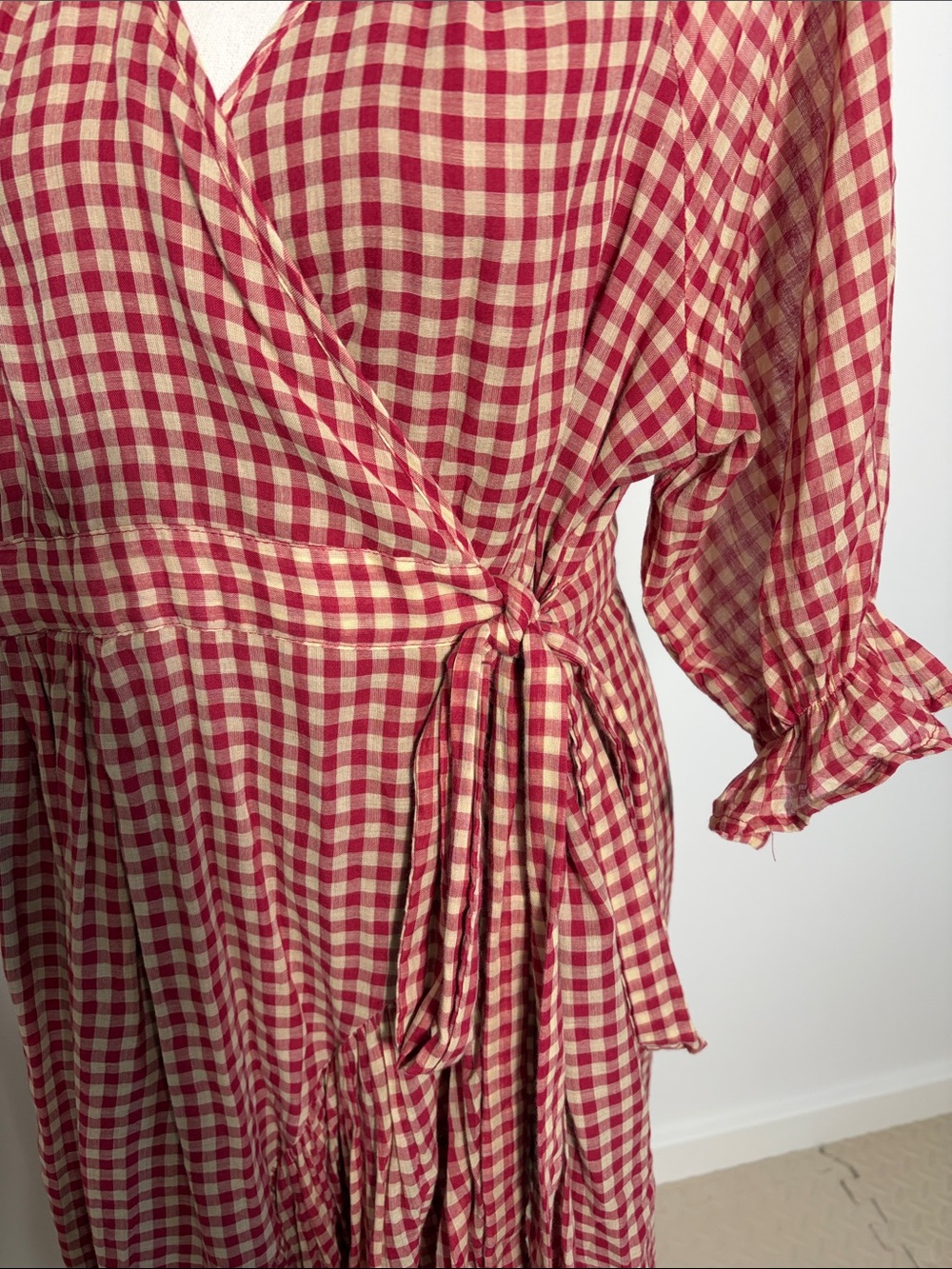 Khara Kapas Red Gingham Cotton Wrap Maxi Dress - Feminine Tie Waist XL - Picture 5 of 8